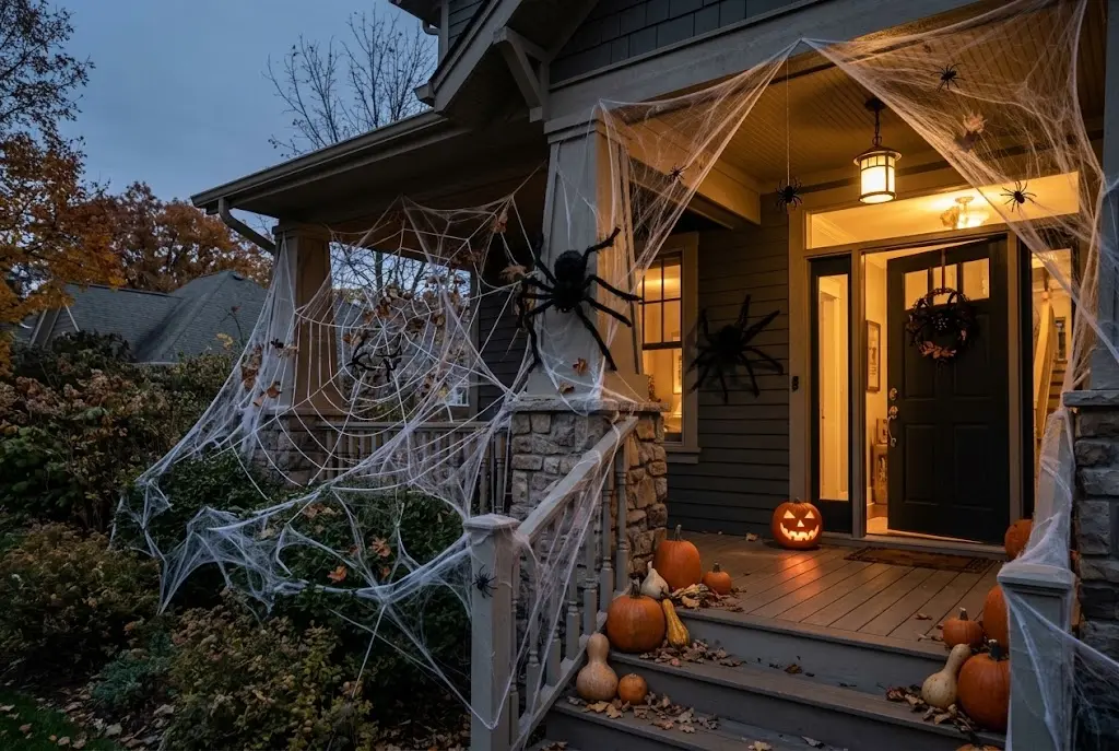 Large black Halloween spider positioned on a porch with oversized webbing.