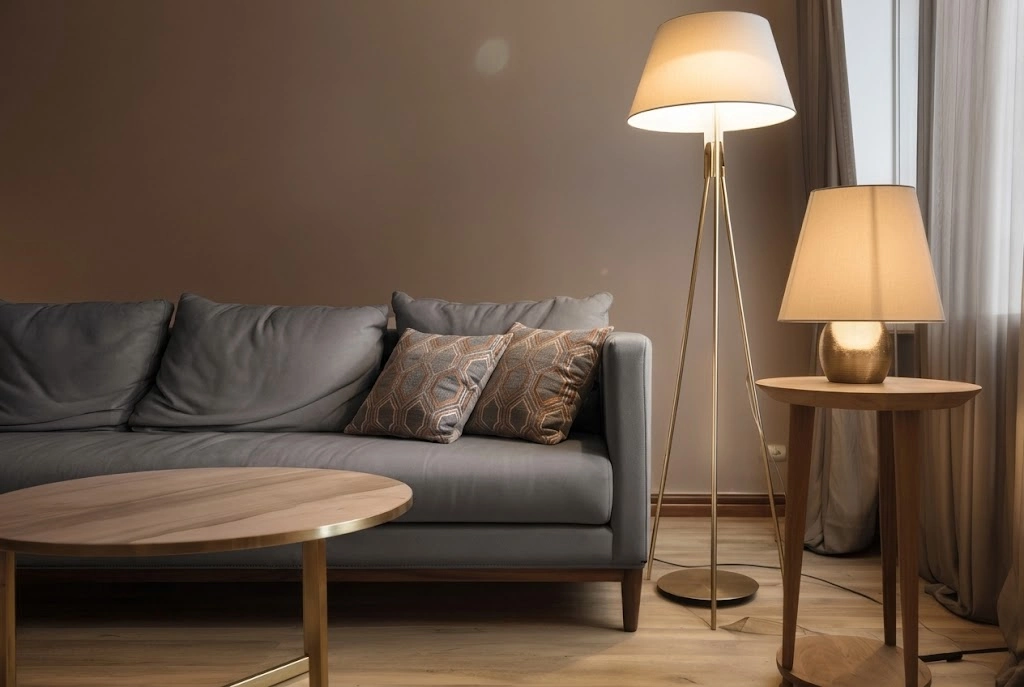 Cozy apartment living room with a floor lamp, table lamp, and warm accent lighting around a neutral sofa.
