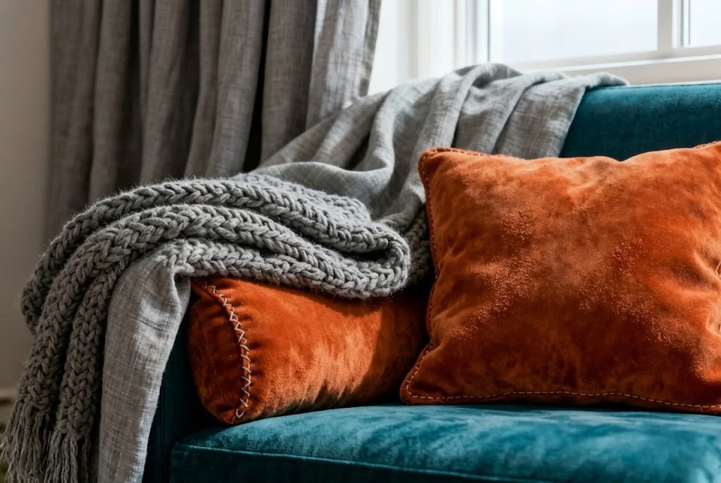 Gray sofa layered with a rust knit throw, linen pillow and velvet pillow for cozy living room decor