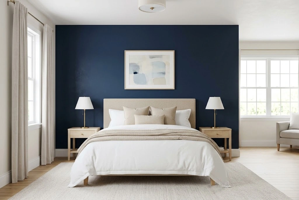 Navy blue bedroom accent wall behind a white bed with light oak nightstands