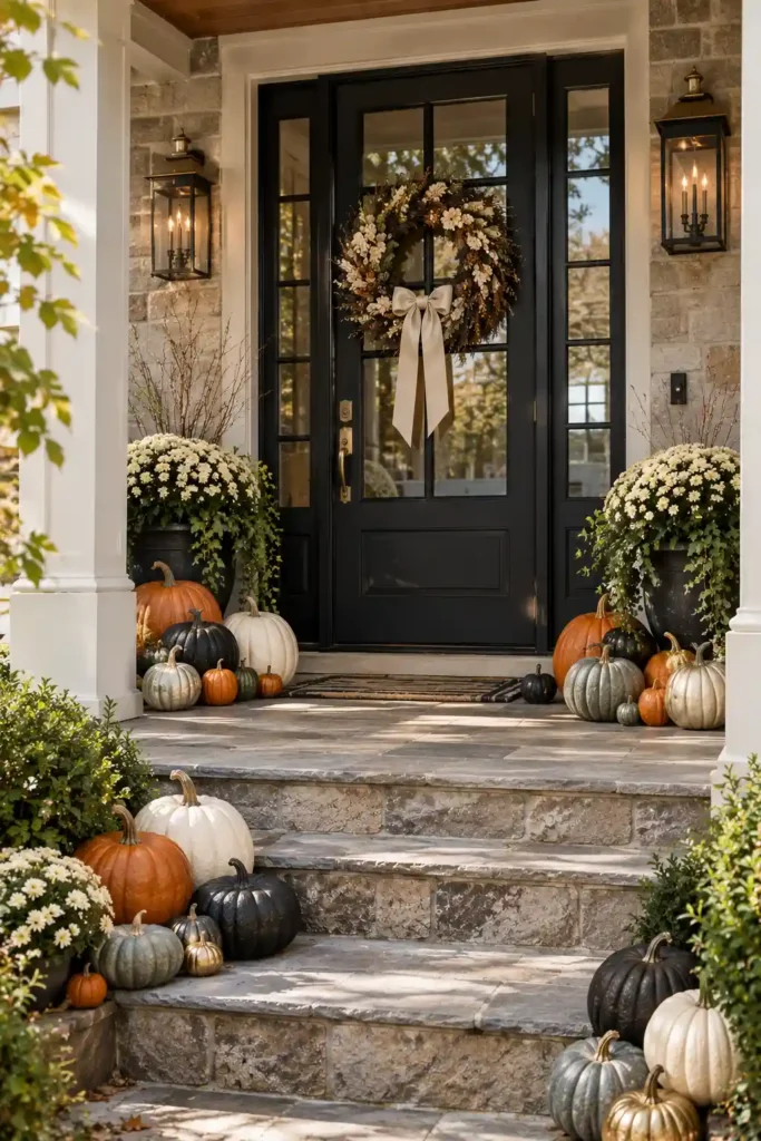 Designer-inspired Halloween pumpkin display with black, cream, ivory, and orange pumpkins