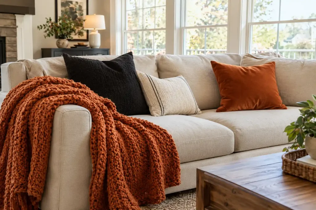 Cozy Halloween sofa with a chunky knit throw blanket and black, cream, and burnt orange pillows