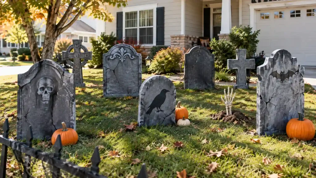 DIY Halloween tombstones decorating an American front yard