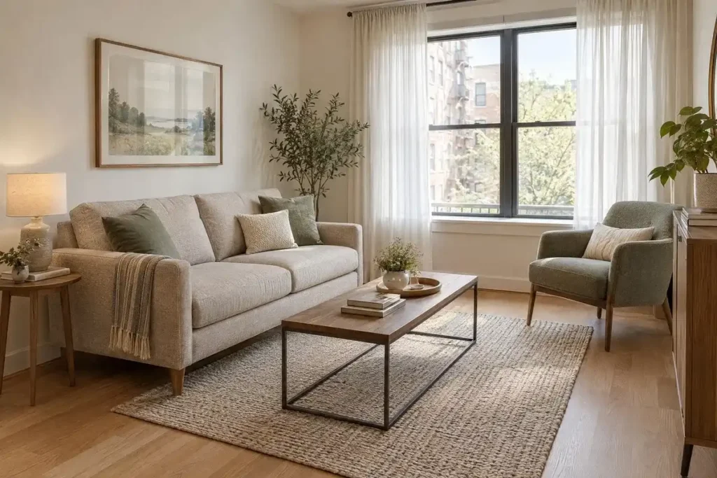 Compact living room featuring a cream sofa with slim arms and natural wood legs.