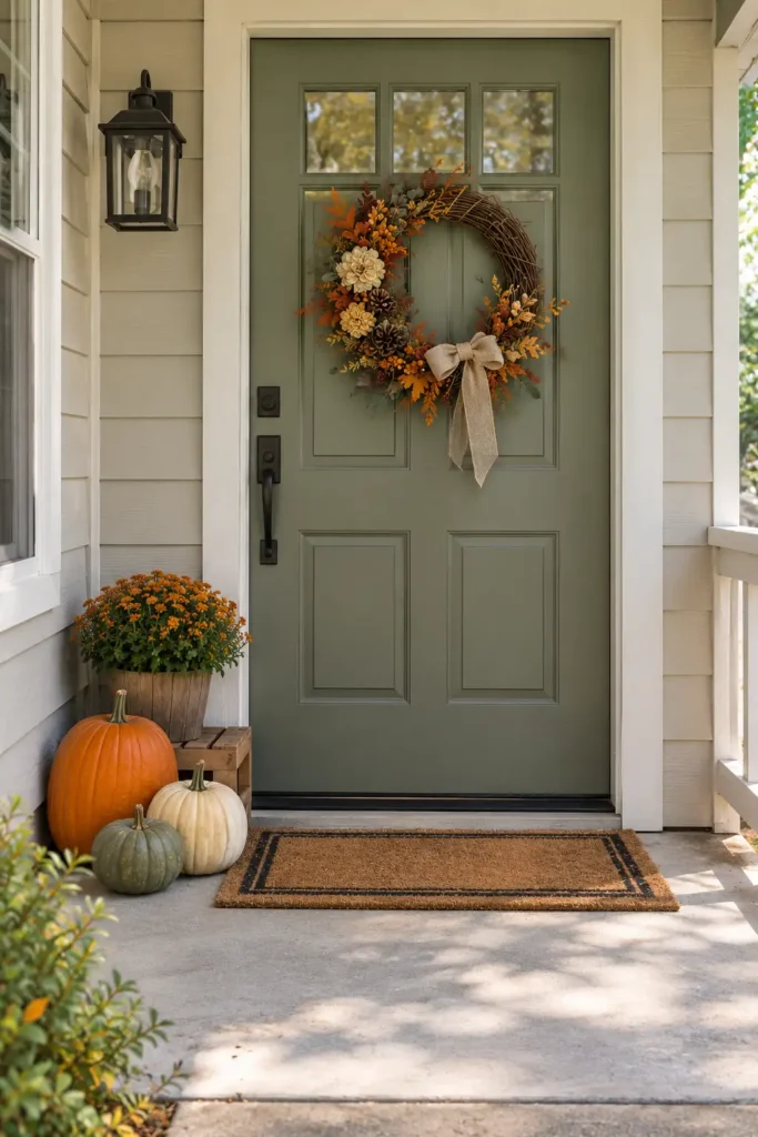 Three pumpkins in different sizes grouped beside the front door on a small fall porch