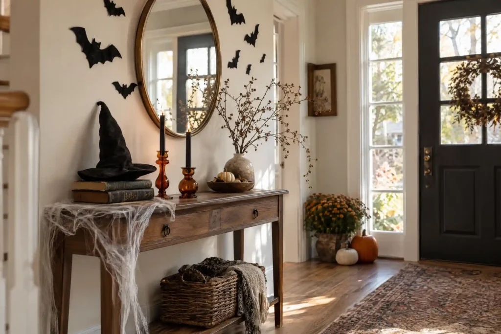 Halloween entryway decor on a console table with felt bats, black taper candles, and a witch hat