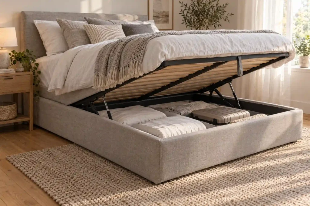 Upholstered storage bed with a lift-up base holding duvets in a small bedroom