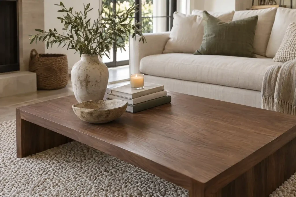How to style a coffee table with three groupings at different heights: tall vase, stacked books and low bowl