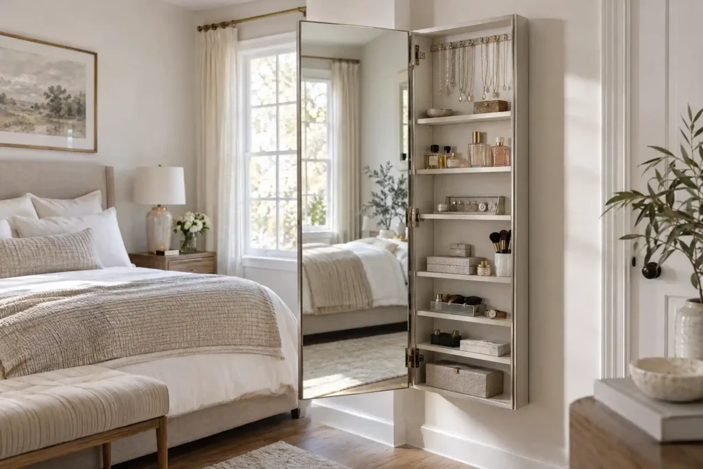 Full-length mirror with hidden shelves for jewelry and accessories in a bedroom