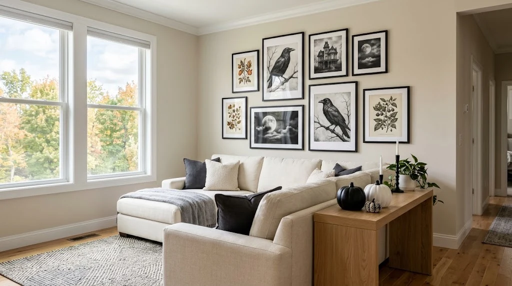 Black and white Halloween gallery wall above a cream living room sofa