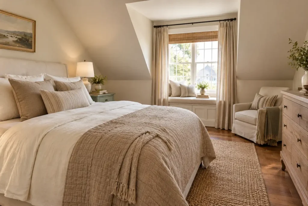 Warm neutral bedroom with cream bedding, oatmeal curtains, and natural wood furniture in a Cape Cod cottage.