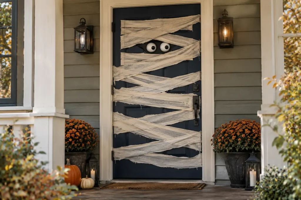 Cream fabric strips and oversized eyes transform a navy-blue front door into a Halloween mummy.