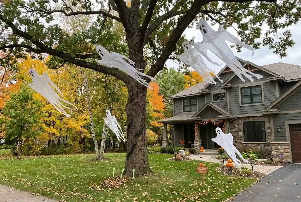 White fabric ghosts hanging from tree branches beside a decorated porch.
