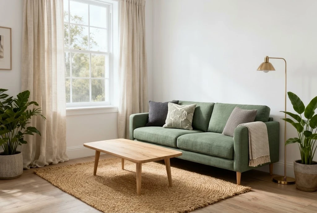 Neutral apartment living room with a textured rug, linen curtains, soft cushions, and a knitted throw.