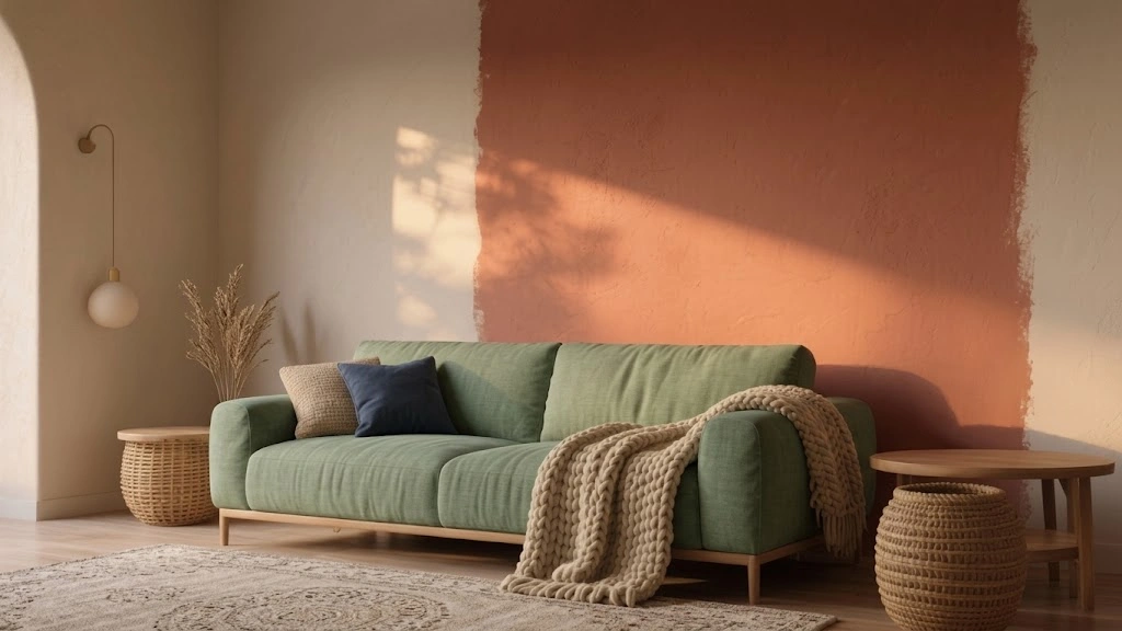 Living room with a warm terracotta wall behind a cream sofa and three paint test patches on the next wall
