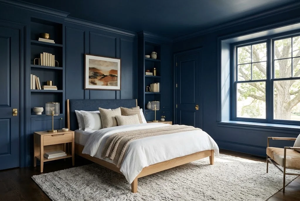 Navy blue color-drenched bedroom with matching walls and ceiling, cream bedding, and brass accents