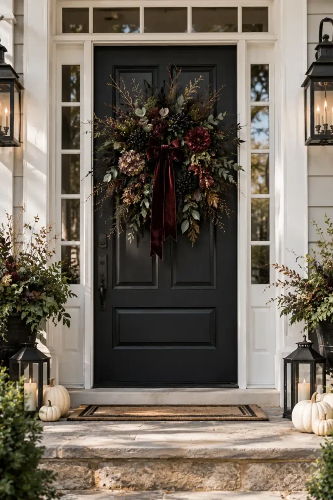 Dramatic dark botanical Halloween wreath with burgundy flowers and velvet ribbon on front door