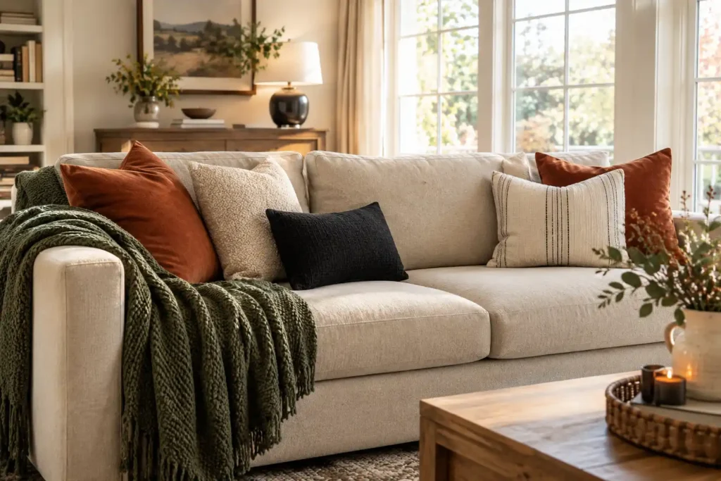 Beige sofa decorated with rust pillows, a deep green throw, cream textiles, and subtle black Halloween accents