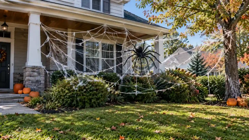 Giant DIY Halloween spider web with a black spider outdoors