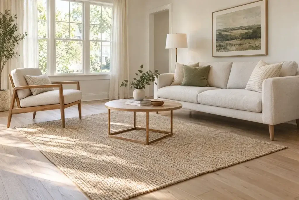 Small living room with raised-leg furniture and visible light oak flooring.