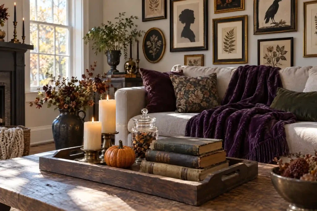 Halloween living room decor with a velvet throw, dark gallery wall, and candle tray on the coffee table