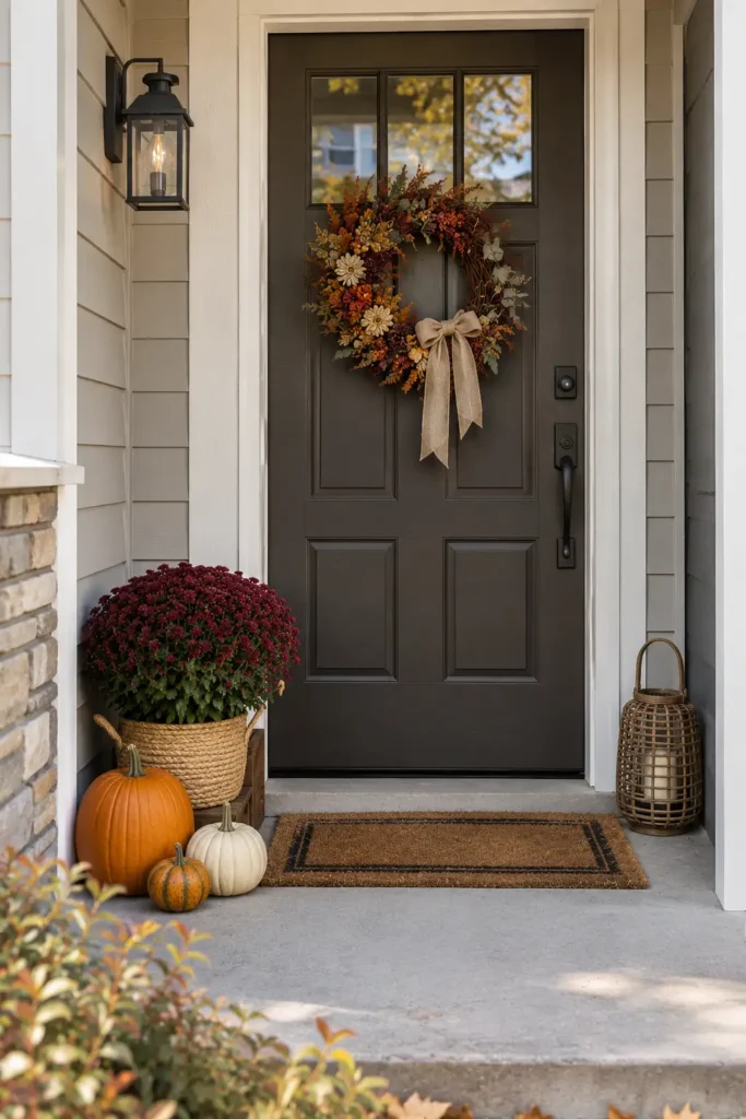 Small modern porch decorated with coordinated rust orange, burgundy, and cream fall decor