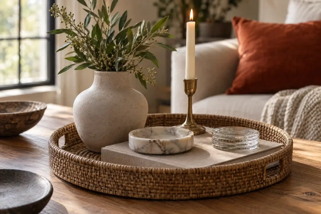 Coffee table decor ideas mixing ceramic, brass, marble and linen textures on a warm wood table