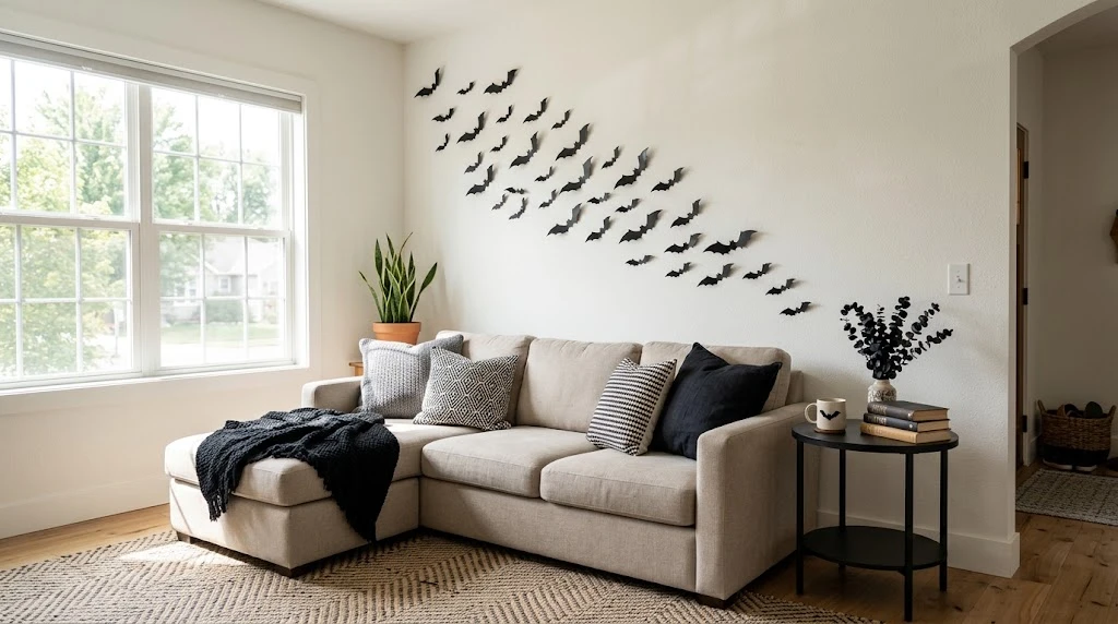 Black bat decorations flying across a white living room wall