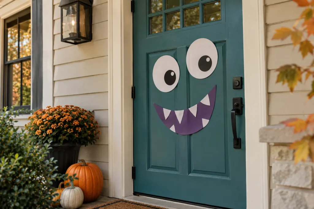 Teal front door decorated with large eyes and a playful purple monster mouth.