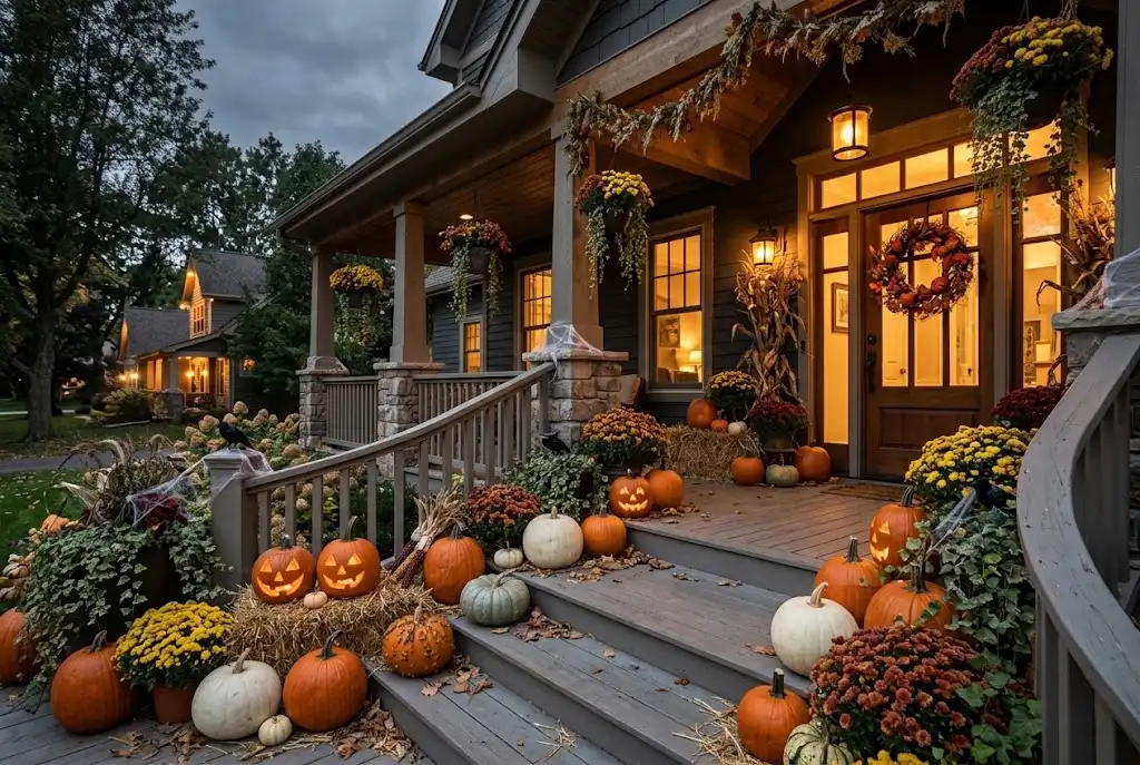 Glowing orange pumpkins arranged beside a clear front walkway for Halloween.