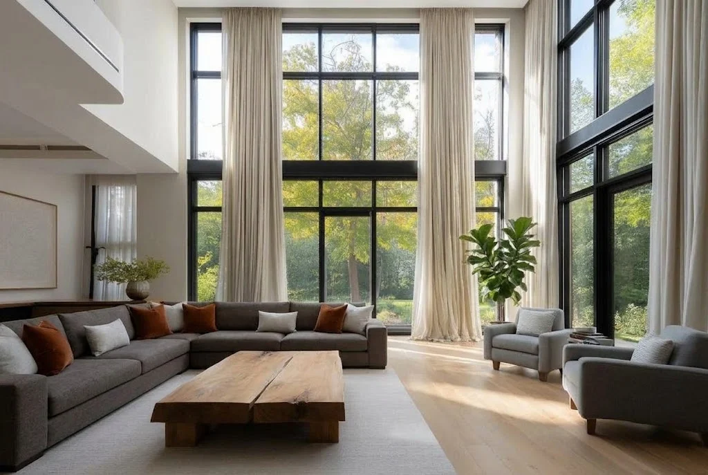 Floor-length oatmeal curtains hung high above a living room window with panels open and glass clear
