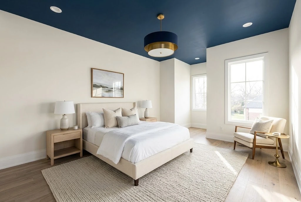 Navy blue bedroom ceiling paired with pale gray walls, white bedding, and oak furniture