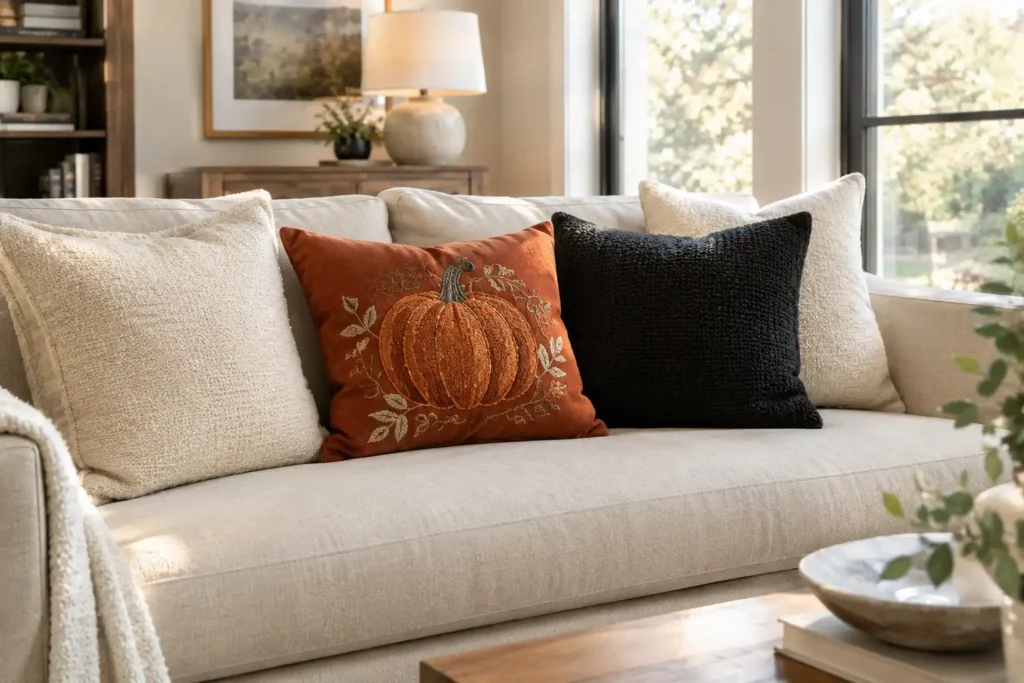 Neutral living room sofa with an embroidered pumpkin statement pillow surrounded by cream and black cushions