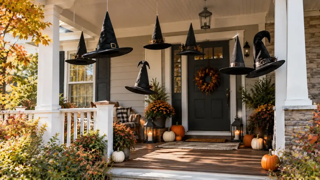 Floating DIY witch hats hanging on an American front porch