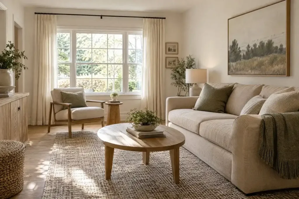 Small living room decorated in warm white, beige, natural wood, and sage green.