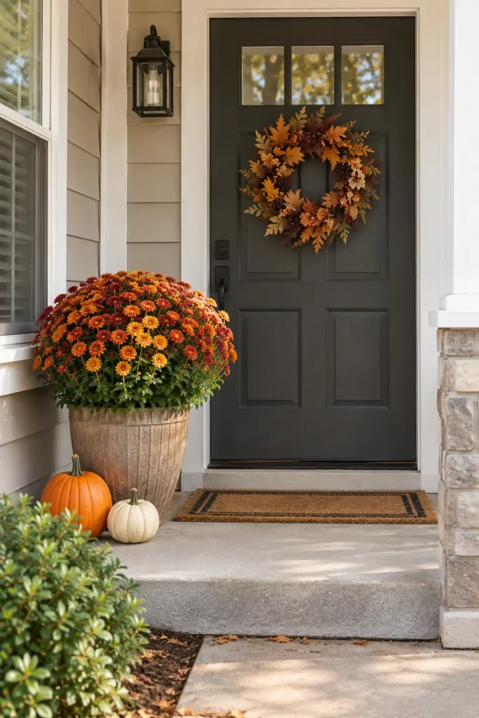 Small front porch featuring one large blooming mum with pumpkins and a fall wreath