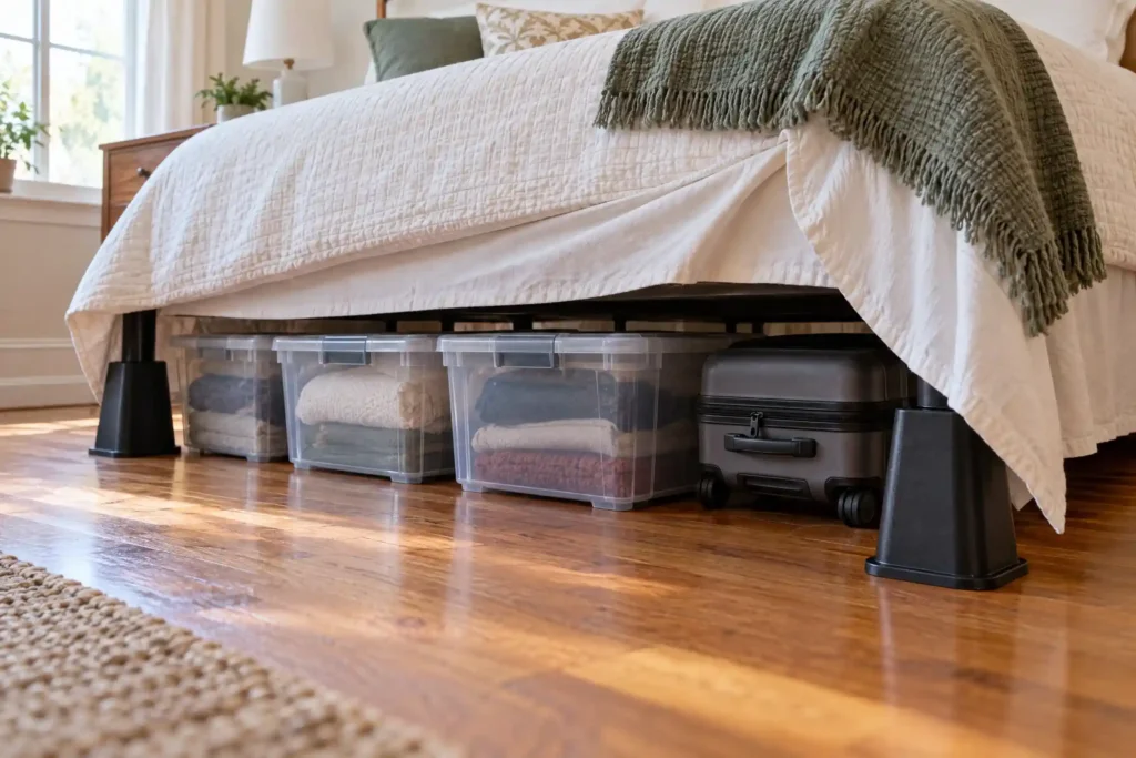Bed raised on risers with lidded bins and a suitcase stored underneath
