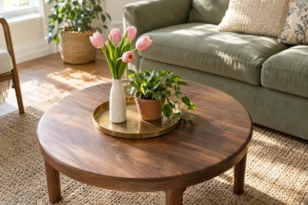 Round coffee table decor with a bud vase of fresh tulips and a small potted plant on a brass tray