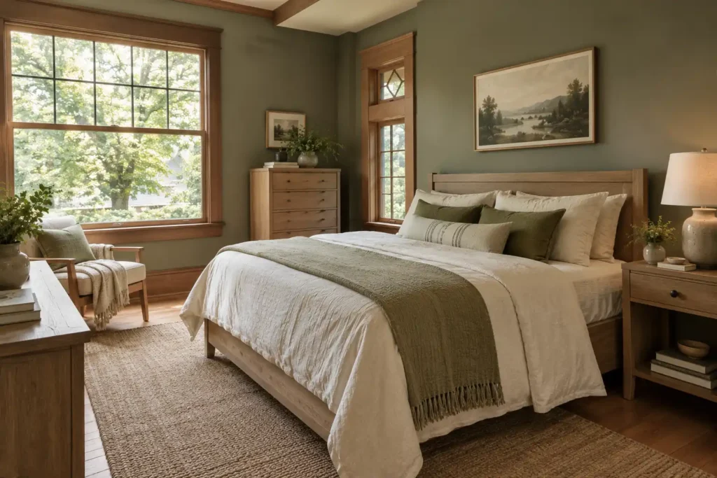 Sage-green bedroom with cream linen bedding, olive accents, pale oak furniture, and a leafy garden view.