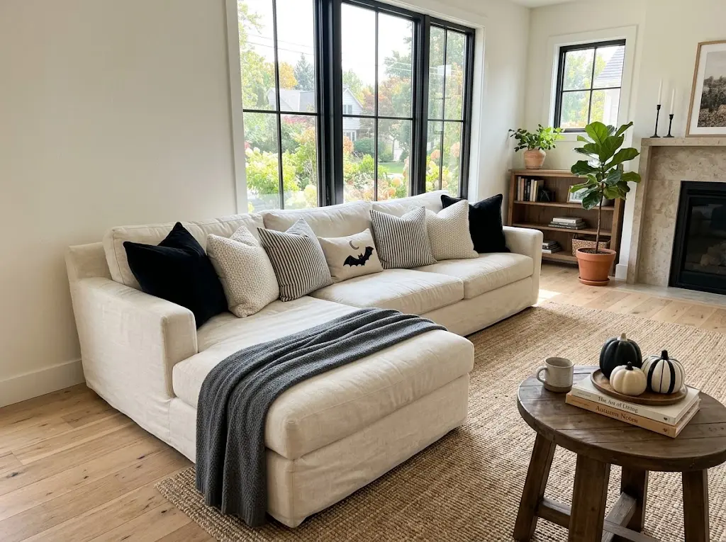 Black and white Halloween throw pillows on a cream living room sofa