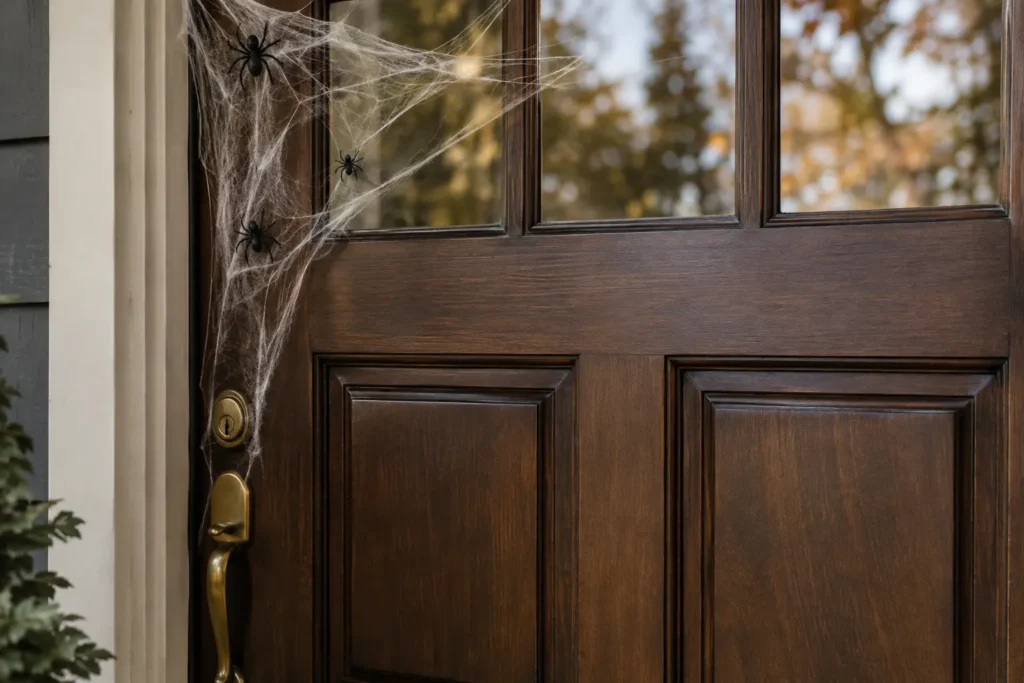 Delicate gray spiderweb with small black spiders in the corner of a walnut wooden door.