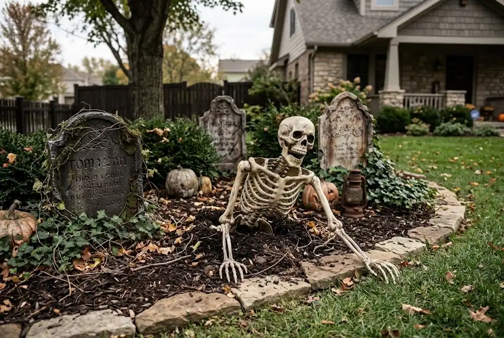 Halloween skeleton reaching across the grass beside a weathered tombstone.