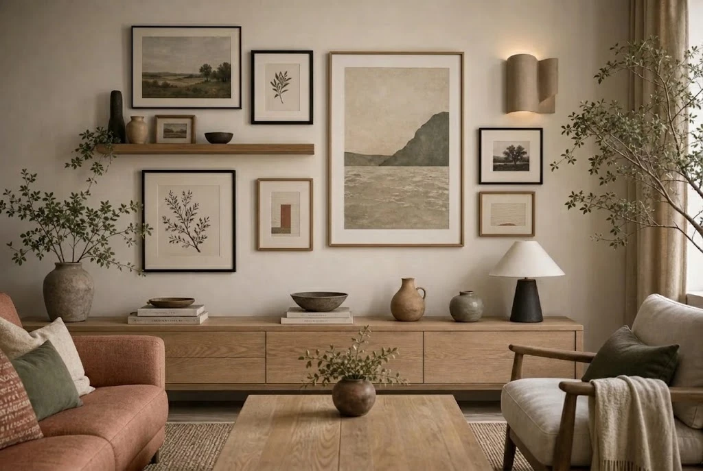 Apartment living room with framed landscape artwork, a cream sofa, and a simple wooden console.