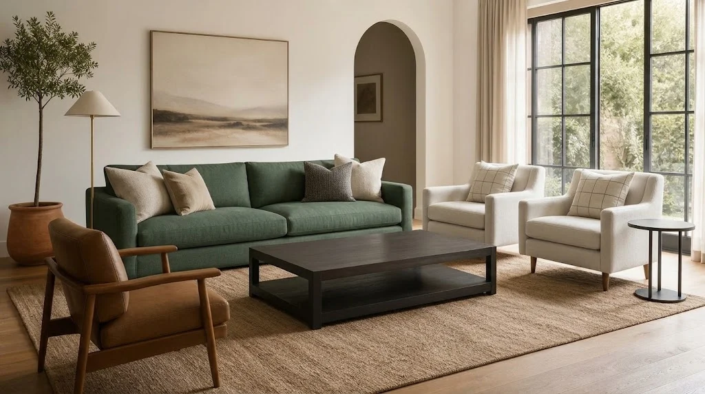 Large woven rug in a living room seating area with sofa and armchairs resting their front legs on it
