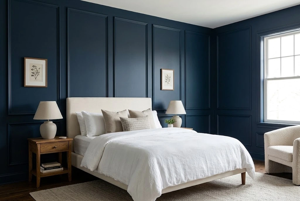Navy blue paneled bedroom wall with cream upholstered headboard and white bedding
