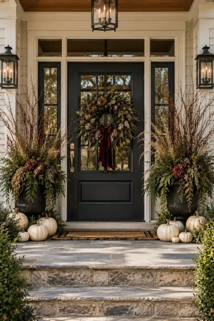 Halloween porch with dark seasonal greenery, tall branches, burgundy accents, and cream pumpkins