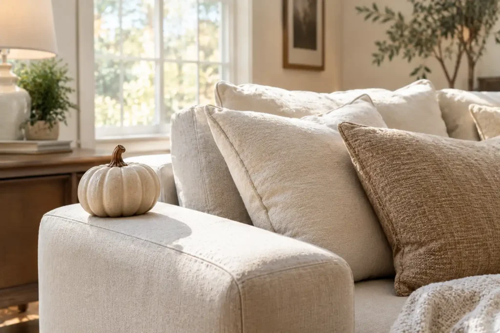 Small decorative pumpkin placed on the arm of a neutral sofa in a modern Halloween living room