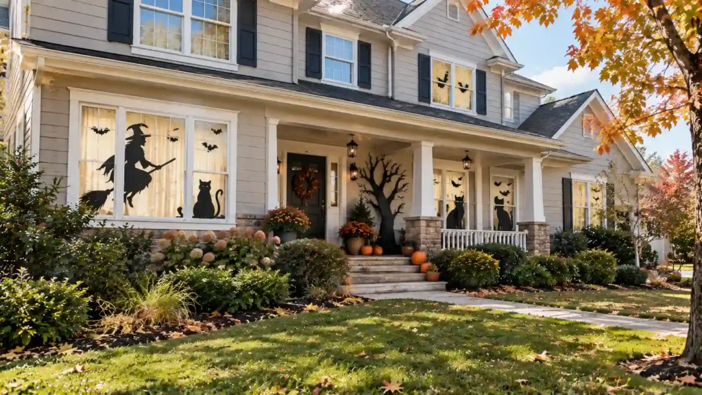 DIY Halloween silhouettes decorating a suburban house