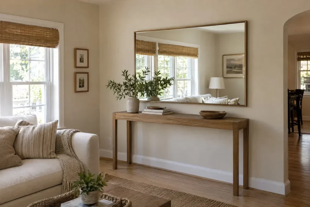 Large wall mirror reflecting natural window light in a small living room.