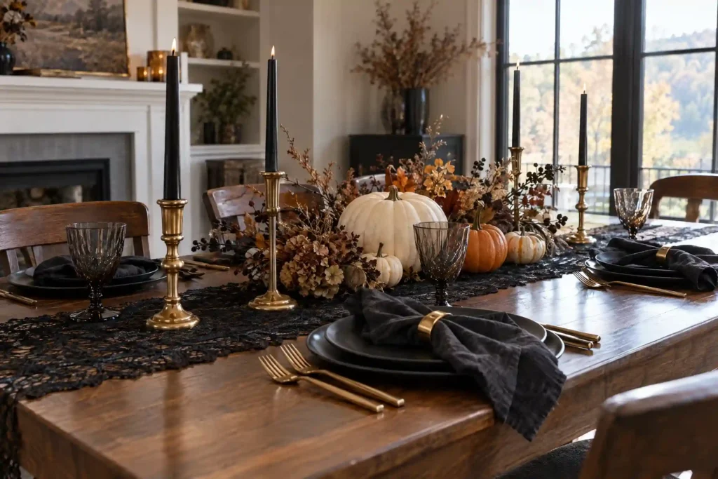 Spooky Halloween tablescape with a black lace runner, pumpkins, and taper candles